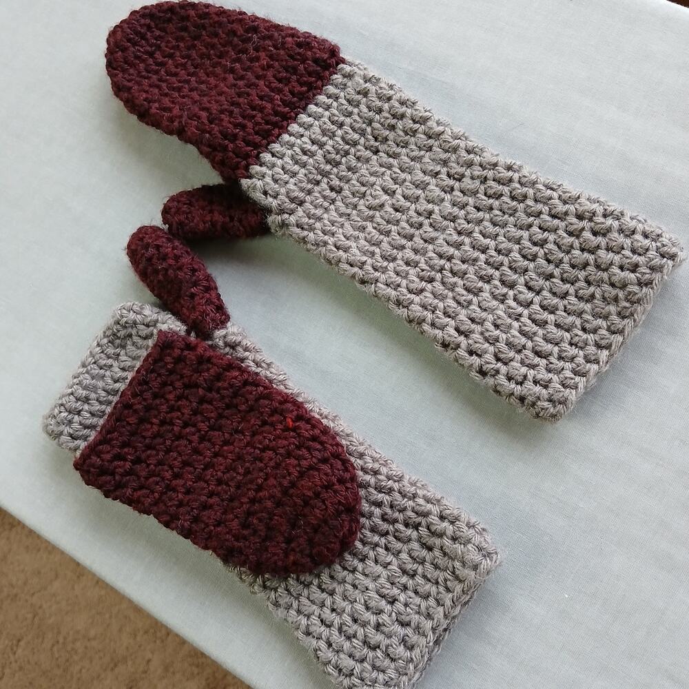 Convertible Crochet Fingerless Mitten Gloves adult size two-tone neutral premade